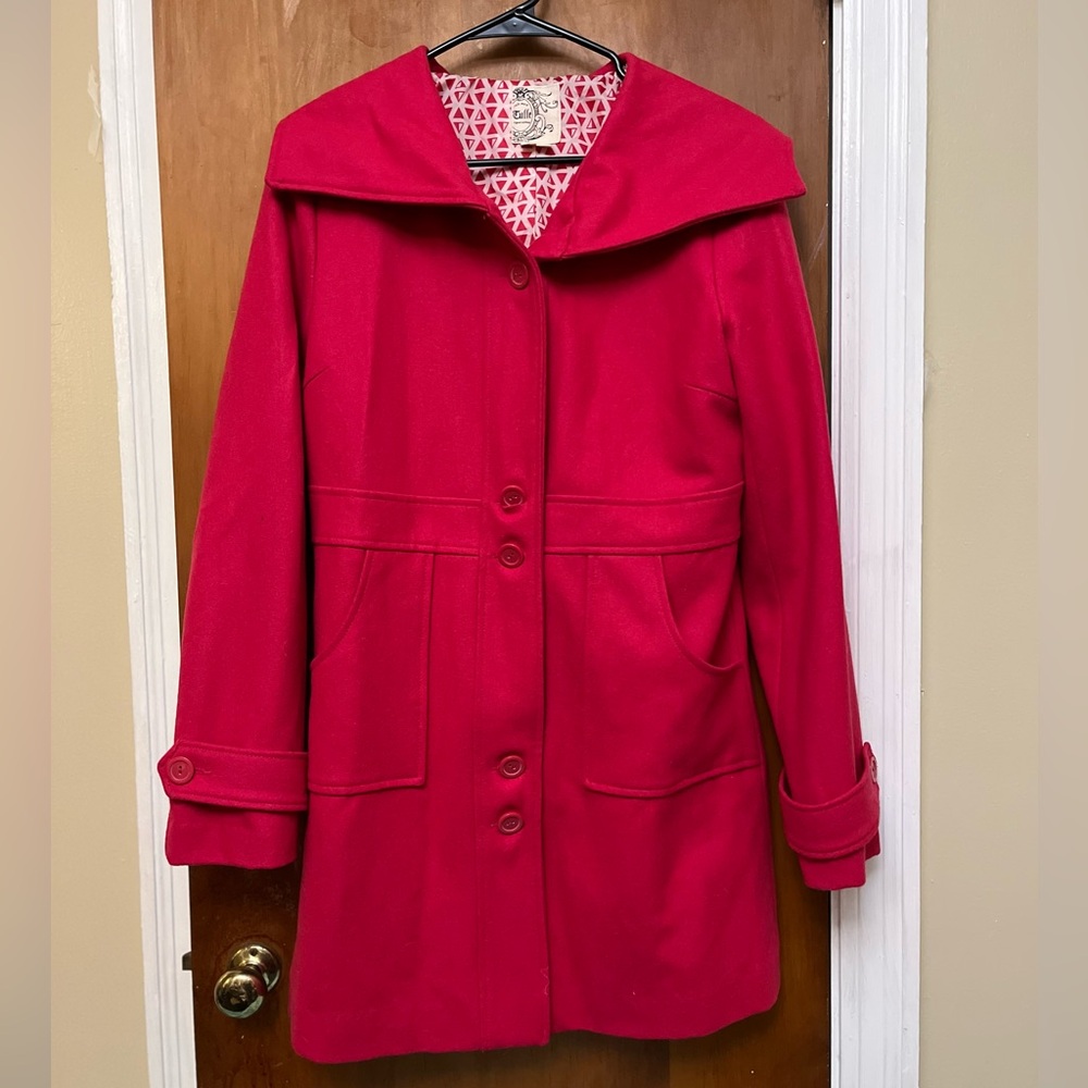 Tulle Women's Bold Pink Pea Coat W hood pockets. Winter snow  L.